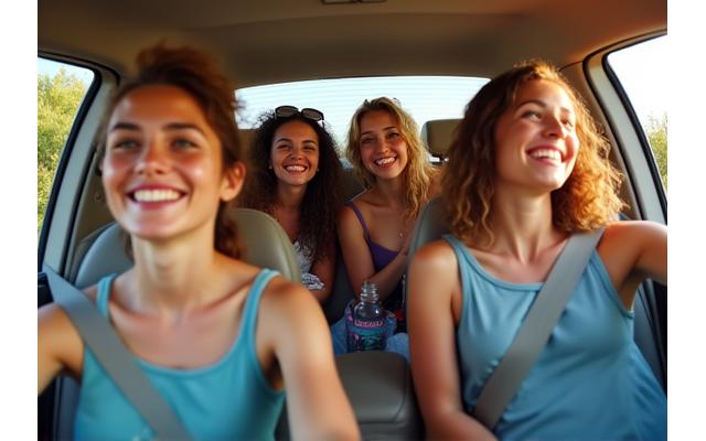 Friends carpooling to a festival with sustainable gear visible, illustrating eco-friendly travel.