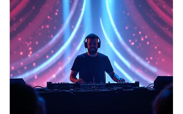 A popular electronic music DJ performing with a lush, green, futuristic backdrop, embodying sustainability advocacy.