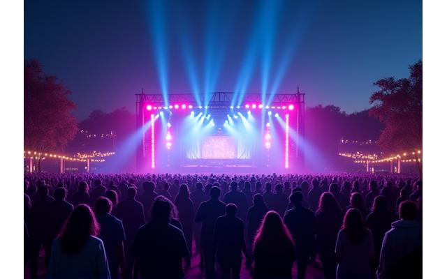A vibrant festival crowd under solar-powered stage lights, showcasing a major eco-certified festival.