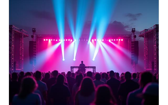 An artist performing on a stage lit by energy-efficient LEDs at a night festival, illustrating green tech implementation.