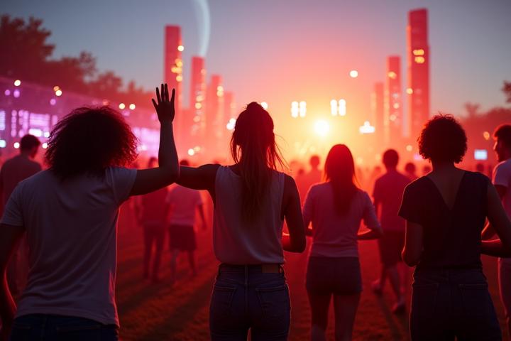People dancing at an outdoor electronic music festival with vibrant green energy effects and subtle solar panels in the background, promoting eco-conscious raving.