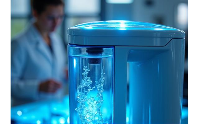A close-up of a compact water purification system with clean water visible, demonstrating festival water innovation.