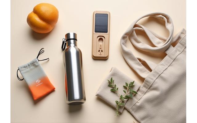 A collection of eco-friendly festival gear like reusable water bottles, bamboo utensils, and a foldable bag, for sustainable attendance.