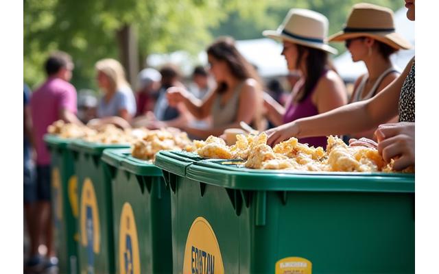 Festival attendees participating in a recycling program at a music event with visible waste sorting bins, highlighting a sustainable practice.