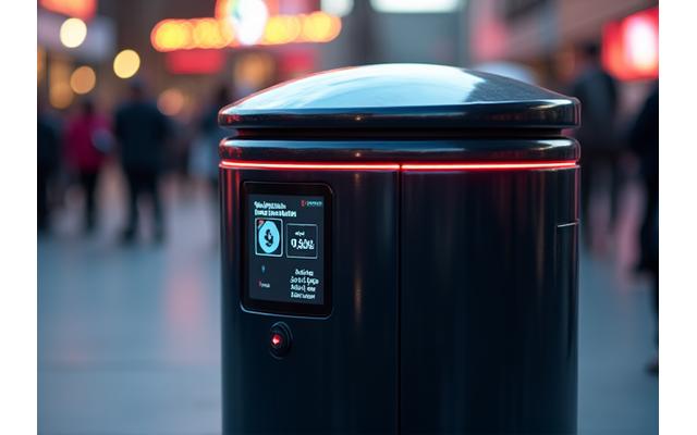 A smart waste management system with sensors indicating fill levels, streamlining recycling at a festival.