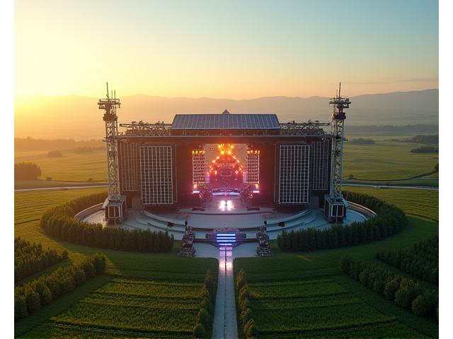 A large electronic music festival stage powered by an array of solar panels visible behind it, illustrating renewable energy use.