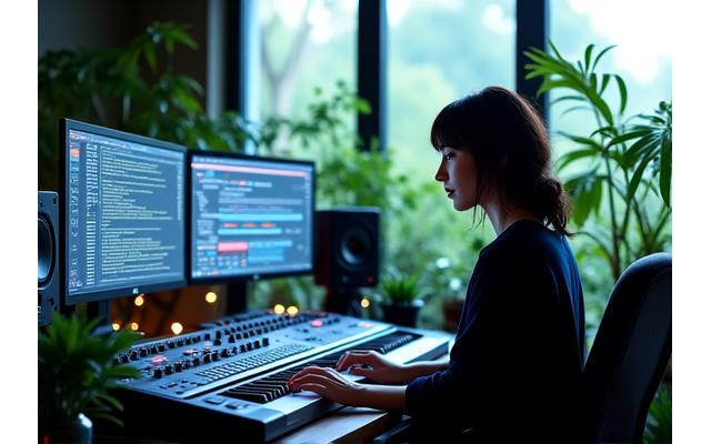 A female electronic music producer in her studio, surrounded by plants and eco-friendly equipment, creating music sustainably.