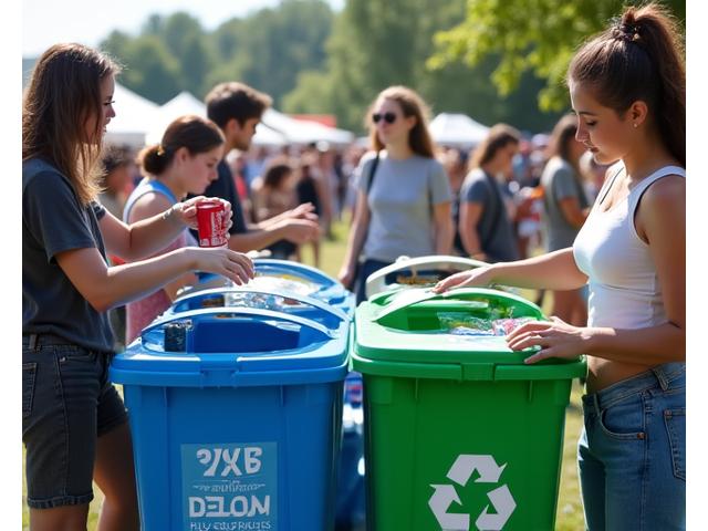 Festival attendees actively sorting recyclable materials into designated bins at a zero-waste station, emphasizing waste reduction efforts.