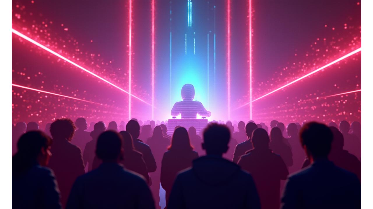 Immersive virtual festival with holographic DJ and digital audience avatars