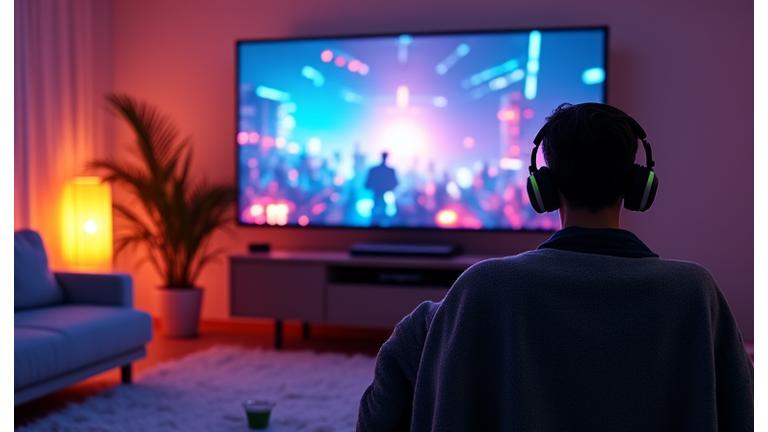 A home entertainment setup optimized for virtual reality gaming or streaming, with mood lighting