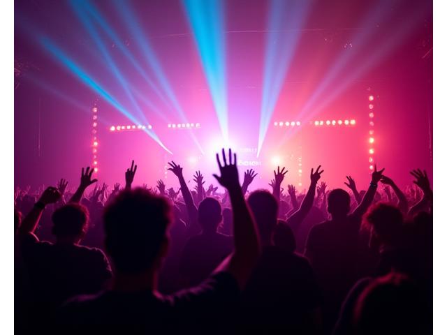 Crowd enjoying a live music festival, hands in the air, lights flashing