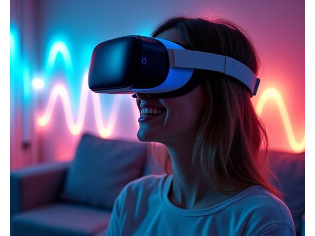Person wearing a VR headset, immersed in a virtual festival environment