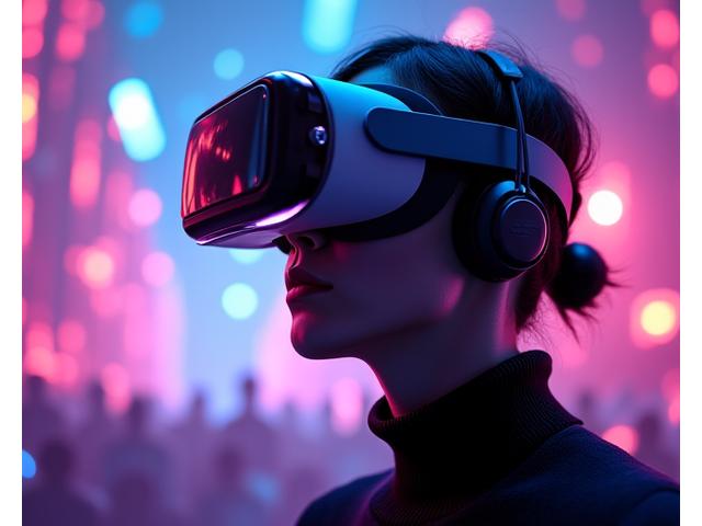 Person wearing an advanced VR headset in a glowing virtual concert hall