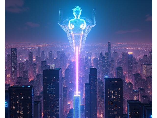 Cyberpunk city skyline with a virtual stage projected in the sky